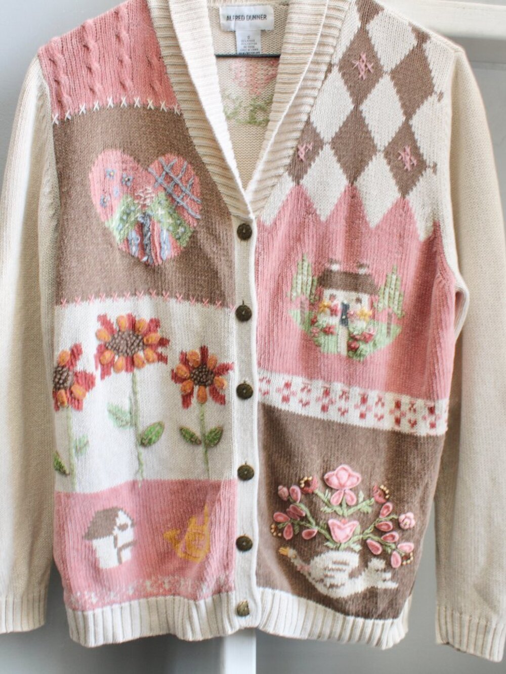 Alfred Dunner Cottagecore Vintage Knit Embroidered Cardigan Cream Pink sz Small - Picture 4 of 4